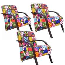 Kit 3 Poltronas Para Sala de Espera Recepção Romero Brito Em Suede Com Braços de Madeira Decorativa Confortável Até 120 kg - PSM