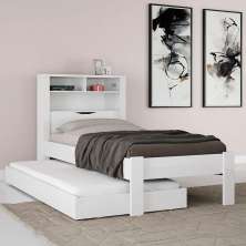 Bicama Solteiro Branca Moderna Para Quarto Com Cabeceira Baú Acoplado Com Prateleiras + Cama Auxiliar  Inv