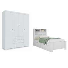 Conjunto Guarda Roupa e Cama com Gavetas Moon Branco