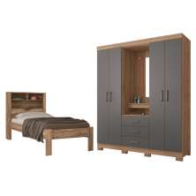 Conjunto Guarda Roupas 4 Portas e Cama Solteiro Palau Atacama Grafite