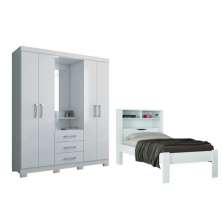 Conjunto Guarda Roupas 4 Portas e Cama Solteiro Palau Branco