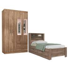 Conjunto Guarda Roupas Com Espelho 4 Portas e Cama com Gavetas Maia Atacama