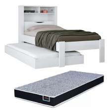 Kit Bicama Solteiro Branca Moderna Para Quarto Com Cabeceira Baú Acoplado Com Prateleiras + Cama Auxiliar + 1 Colchão Solteiro 88 Inv
