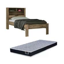 Kit Cama Solteiro Marrom Moderna Para Quarto Com Cabeceira Baú Acoplado Com Prateleiras + 1 Colchão Solteiro 88 Inv