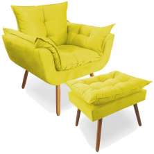 Combo Poltrona Decorativa Opala Deluxe com Puff Suede Amarelo