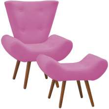 Kit Poltrona Decorativa com Puff Bella Pés Madeira Suede Rosa