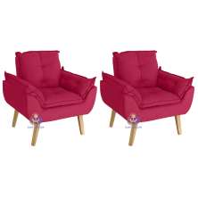 Kit 02 Cadeira Poltrona Decorativa Opala Vermelho com fibra de silicone e pés quadrado SMF DECOR