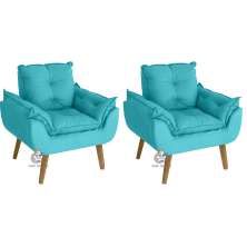 Kit 02 Poltrona Decorativa e Descanso Confortável Opala Azul Turguesa com fibra de silicone e pés quadrado SMF DECOR