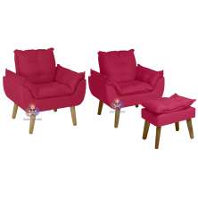 Kit 02 Poltrona Decorativa e Puff Opala Vermelho com fibra de silicone e pés quadrado SMF DECOR