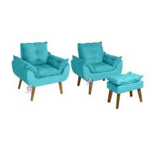 Kit 02 Poltrona/Cadeira Decorativa E Puff Glamour  Com Pés Quadrado Azul Turquesa