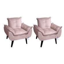 Kit 02 Poltrona/Cadeira Decorativa Glamour Com Pés Quadrado Rosa Veludo