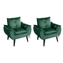Kit 02 Poltrona/Cadeira Decorativa Glamour Com Pés Quadrado Verde Veludo