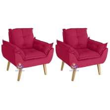 Kit 02 Poltrona/Cadeira Decorativa Glamour Com Pés Quadrado Vermelho