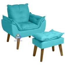 Poltrona Decorativa Opala e Puff Opala Azul Turguesa com fibra de silicone e pés quadrado SMF DECOR