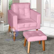 Sofá/Poltrona/Cadeira Decorativa Glamour Dubai com Puff e pés em Madeira Rosê