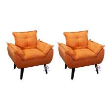 kIT 02 Poltrona Decorativa Opala Laranja Linho com fibra de silicone e pés quadrado SMF DECOR