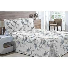 Kit Colcha Piquet Favo Casal Top Confort Branco com Floral Azul 3 peças Textil Lar