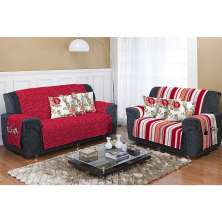 Kit Protetor de Sofá Dupla Face 2 e 3 lugares Decore Vermelho Listrado 2 peças Textil Lar