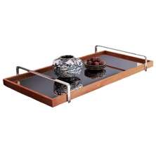 Bandeja Espelhada MDF Laminado Castanho com Alça em Metal Cromado