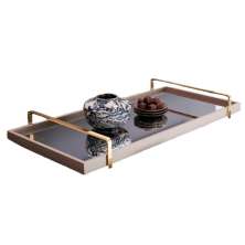 Bandeja Espelhada MDF Laqueado Off White com Alça em Metal Dourado