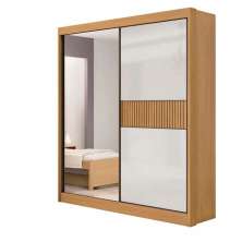 Guarda Roupa 2 Portas de Correr com Espelho e Ripado 3 Gavetas Atenas D'Doro Cinamono Off White