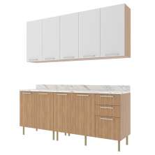 Cozinha Modulada 6 Pecas 200 cm MDP Freijo Branco Marmore Branco Tecno Mobili