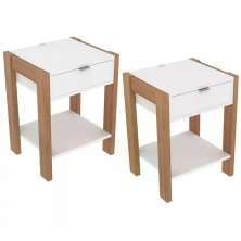 Kit 02 Mesa De Cabeceira Com Tomada 1 Gaveta AZ1016 Amendoa Branco Tecno Mobili