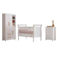 Quarto de Bebê Completo Zara com Berço com Colchão Cômoda Guarda Roupa Tigus Baby Branco