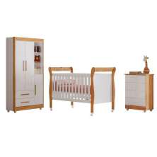 Quarto de Bebê Completo Zara com Berço com Colchão Cômoda Guarda Roupa Tigus Baby Branco Amadeirado Ypê