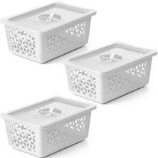Kit 3 Caixas Cesto Organizador M com Tampa Empilhável 31x22cm Branco