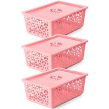 Kit 3 Caixas Organizadoras Grandes Empilháveis Com Tampas Alças Laterais UZ Rosa