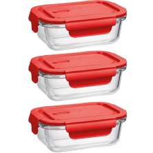 Kit 3 Potes Herméticos de Vidro Borossilicato 410ml Retangulares Vermelho Uz Porta Mantimentos Marmita