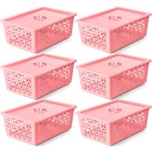 Kit 6 Caixas Cestos Organizadores Empilháveis G Com Tampas Alças Laterais UZ Rosa