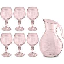 Kit Jarra 2,3L E 6 Taças 350ml Jogo De Refresco Tango Servir Água Suco Rosa Translúcido UZ