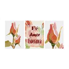 Conjunto com 3 Quadros Decorativos Fé Rosa