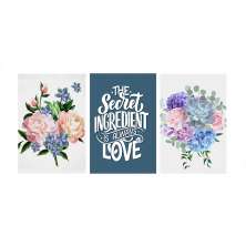 Conjunto com 3 Quadros Decorativos Floral Azul