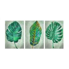 Conjunto com 3 Quadros Decorativos Folhas Verde e Cinza