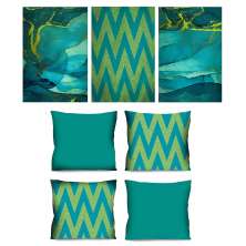 Conjunto com 3 Quadros Decorativos e 4 Capas de Almofada Chevron Verde