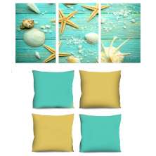 Conjunto com 3 Quadros Decorativos e 4 Capas de Almofada Conchas Verde