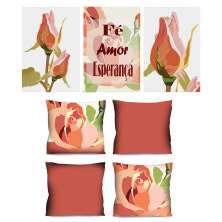 Conjunto com 3 Quadros Decorativos e 4 Capas de Almofada Fé Rosa