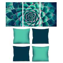 Conjunto com 3 Quadros Decorativos e 4 Capas de Almofada Floral I Azul