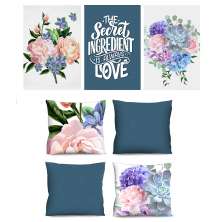 Conjunto com 3 Quadros Decorativos e 4 Capas de Almofada Floral II Azul