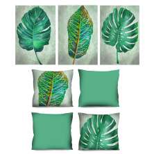 Conjunto com 3 Quadros Decorativos e 4 Capas de Almofada Folhas II Verde