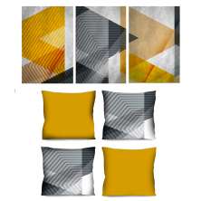 Conjunto com 3 Quadros Decorativos e 4 Capas de Almofada Geo Amarelo