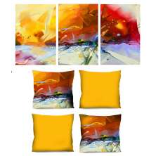 Conjunto com 3 Quadros Decorativos e 4 Capas de Almofada Geo Laranja