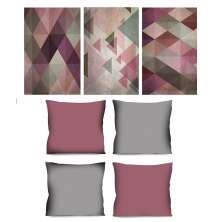 Conjunto com 3 Quadros Decorativos e 4 Capas de Almofada Geo Rosa