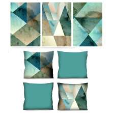 Conjunto com 3 Quadros Decorativos e 4 Capas de Almofada Geo Verde