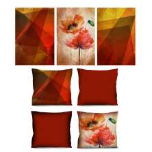 Conjunto com 3 Quadros Decorativos e 4 Capas de Almofada Geo Vermelho
