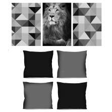 Conjunto com 3 Quadros Decorativos e 4 Capas de Almofada Leão Preto