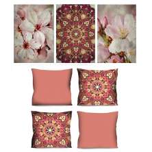 Conjunto com 3 Quadros Decorativos e 4 Capas de Almofada Mandala Rosa